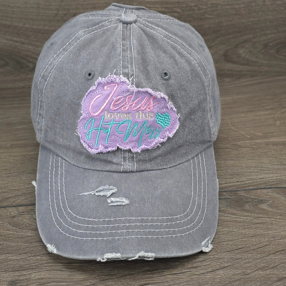 Jesus Loves This Hot Mess Hat Womens Strapback Gray Religious Lifestyle Ponytail